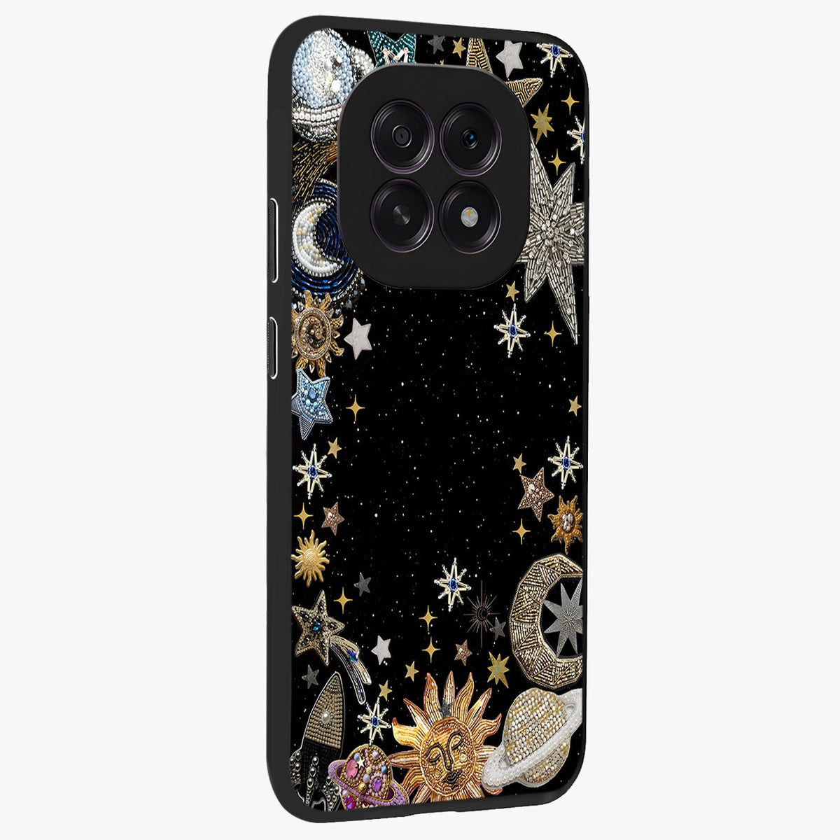 Galactic Jewel Stars Glass Case upright view showcasing glittering star jewel artwork with vibrant galaxy theme.