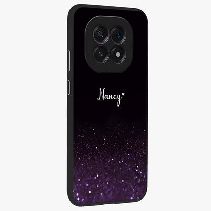 Glittery Purple Bokeh Custom Name Glass Case upright view showcasing vibrant purple sparkle artwork with personalized aesthetic style.