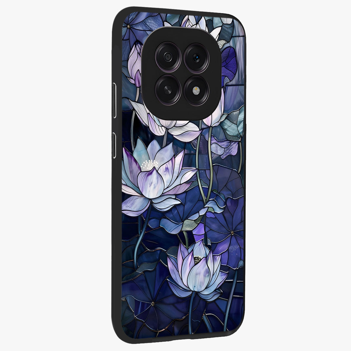 Gloss Petal Rush Glass Case upright view showcasing dynamic floral petal artwork with modern botanical theme.