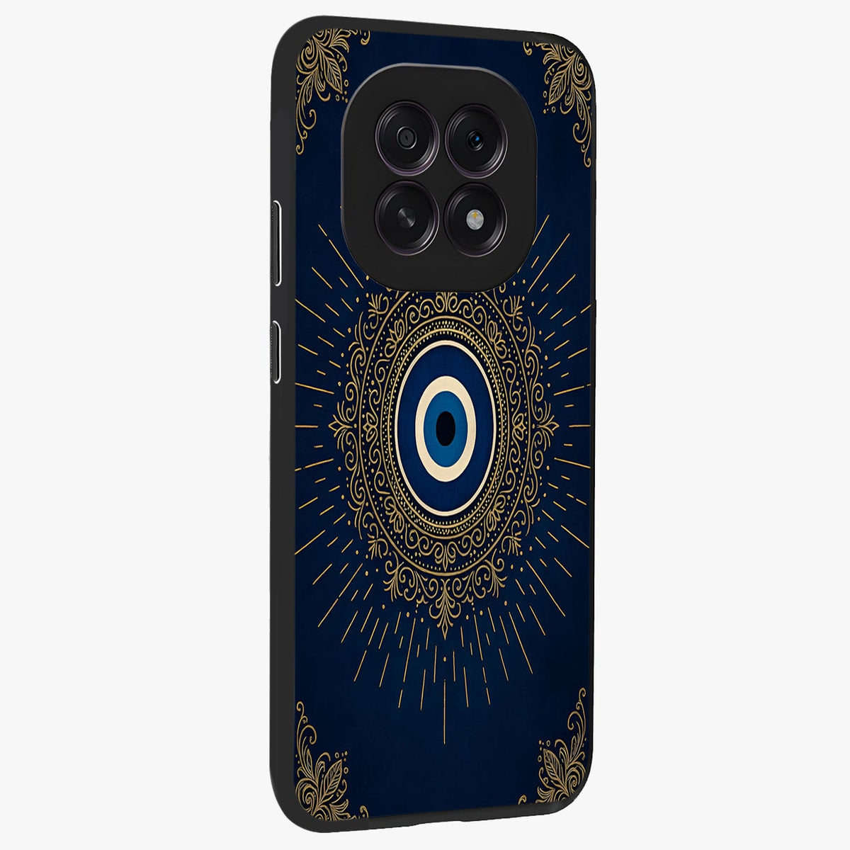Golden Celestial Charm Glass Case upright view showcasing radiant celestial artwork with elegant golden theme.