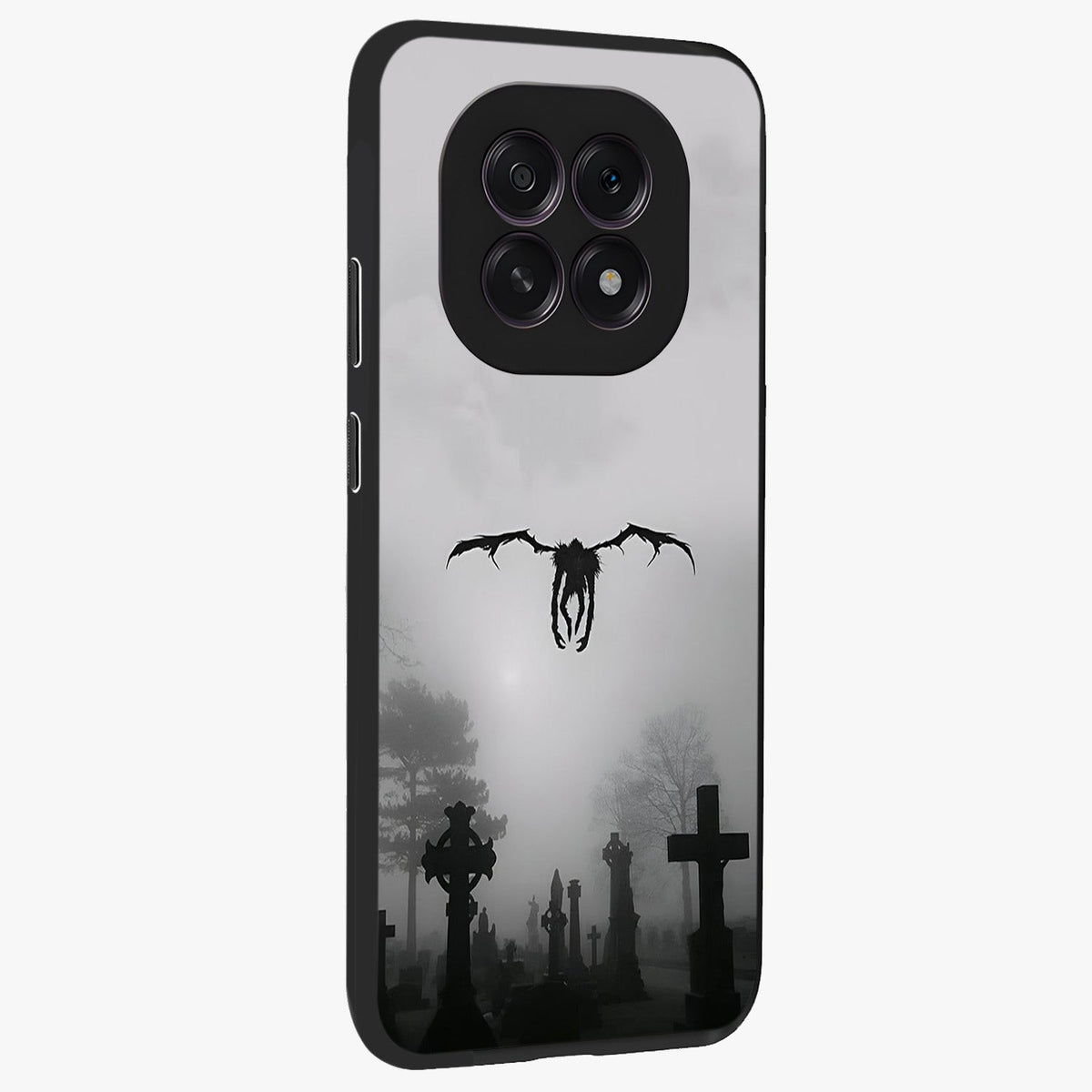 Graveyard Shadow Descent Glass Case upright view showcasing haunting graveyard artwork with dramatic dark theme.