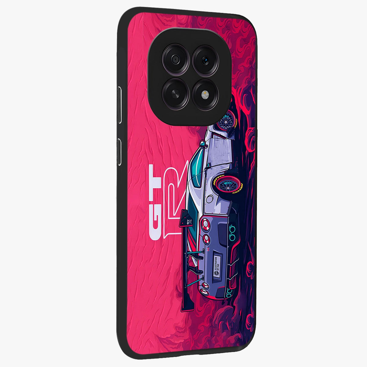 GT-R Car Pattern Glass Case upright view showcasing dynamic car pattern artwork with modern sports theme.