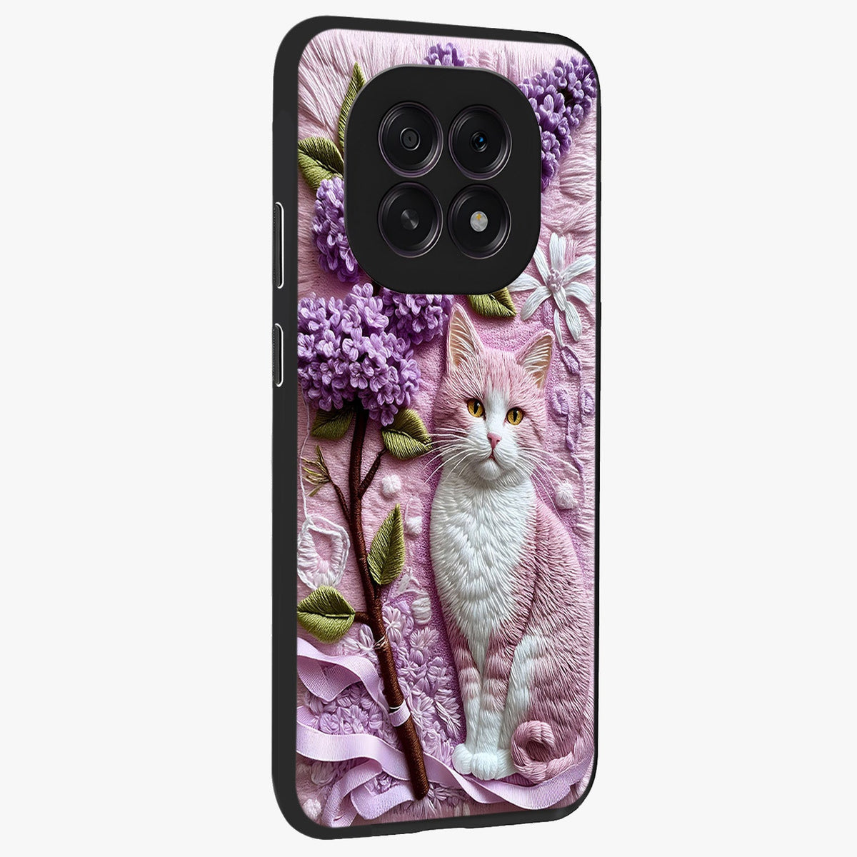 Lavender Cat Whimsy Glass Case upright view showcasing charming cat artwork with whimsical lavender theme.