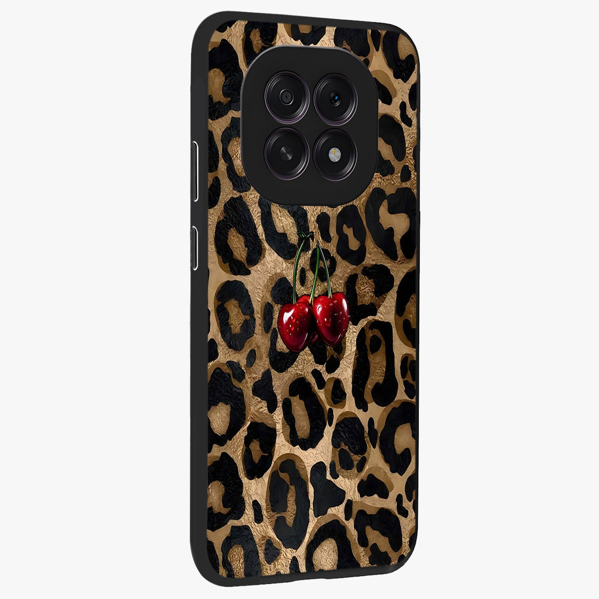 Leopard Wild Cherry Glass Case upright view showcasing stylish leopard pattern artwork with trendy fashion theme.