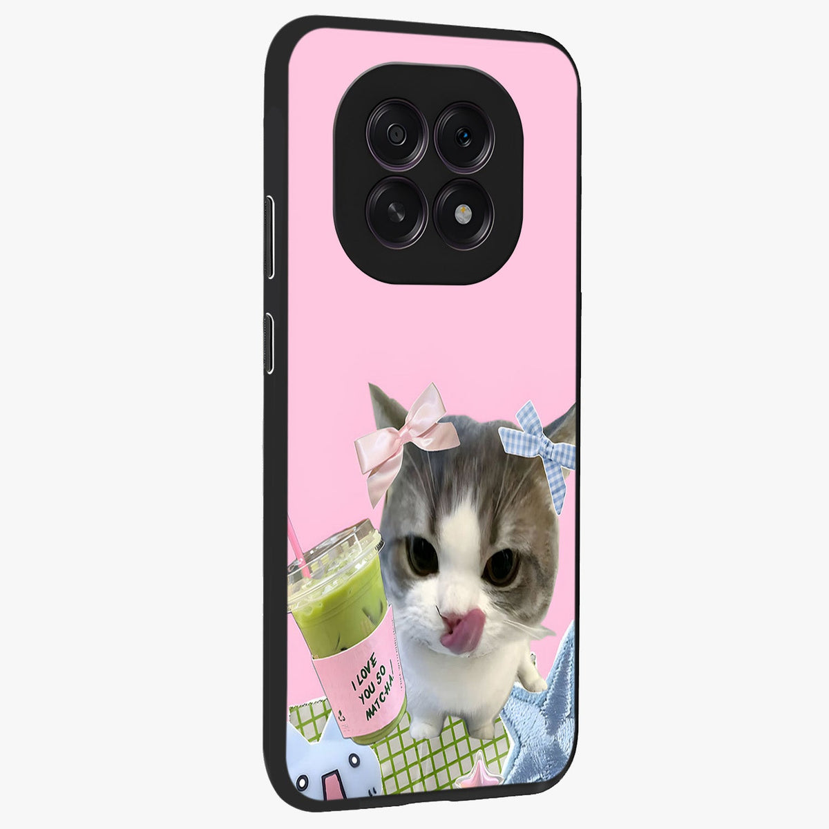 Love Matcha Cat Glass Case upright view showcasing adorable cat artwork with charming matcha themed design.