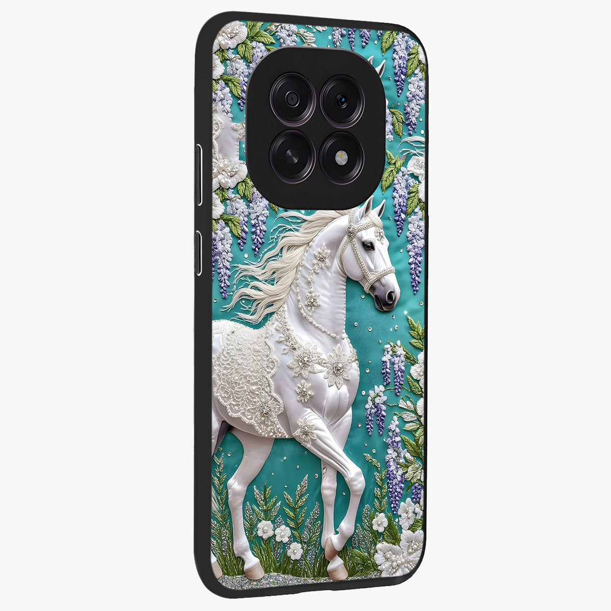 Majestic Floral Stallion Glass Case upright view showcasing dramatic horse artwork with decorative floral theme.