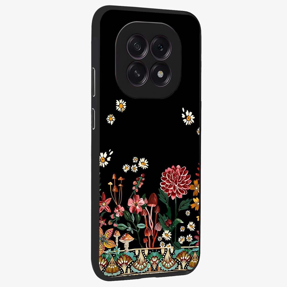 Midnight Bloom Pattern Glass Case upright view showcasing decorative floral artwork with deep night themed palette.