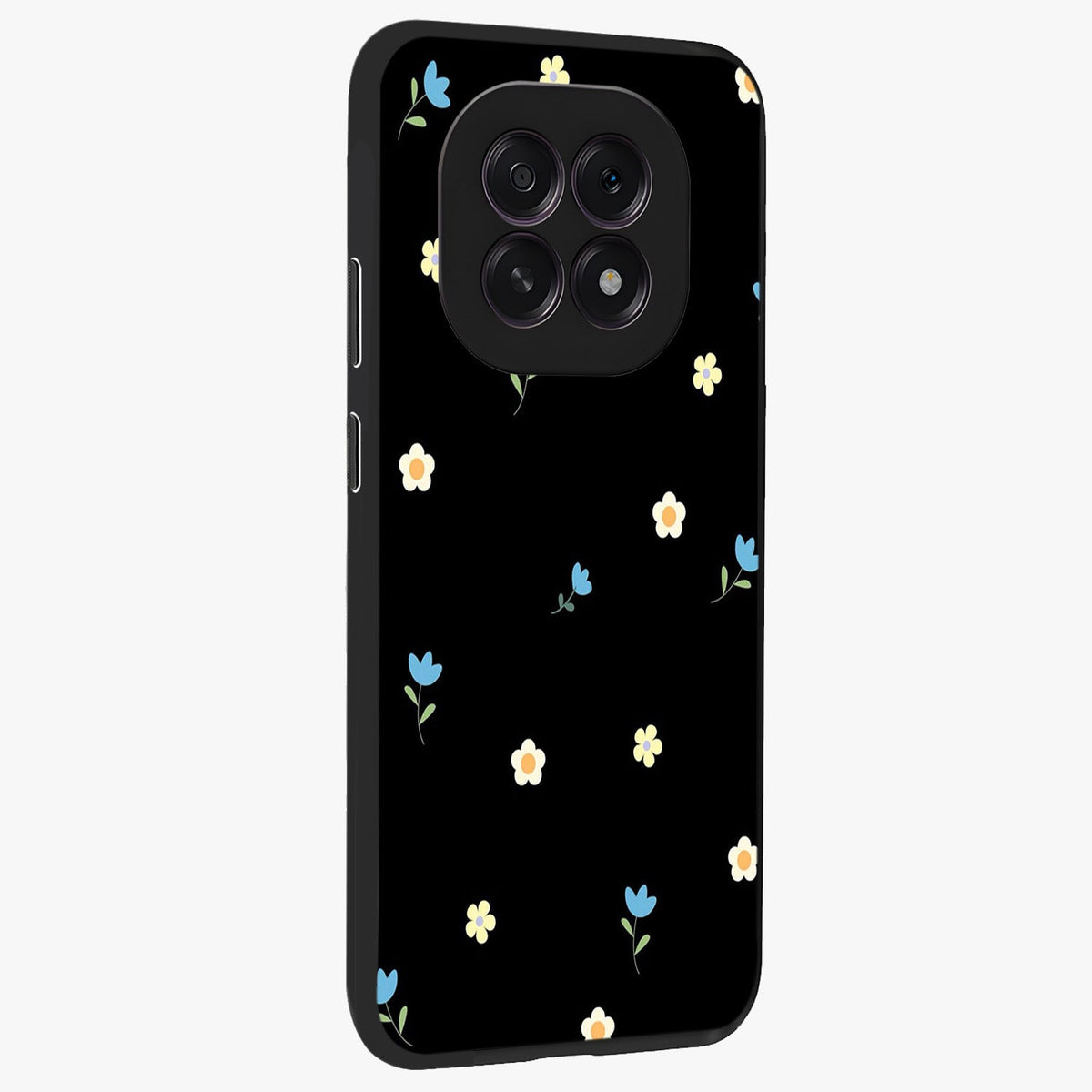 Minimal Petal Whispers Glass Case upright view showcasing elegant floral artwork with modern minimalist style.