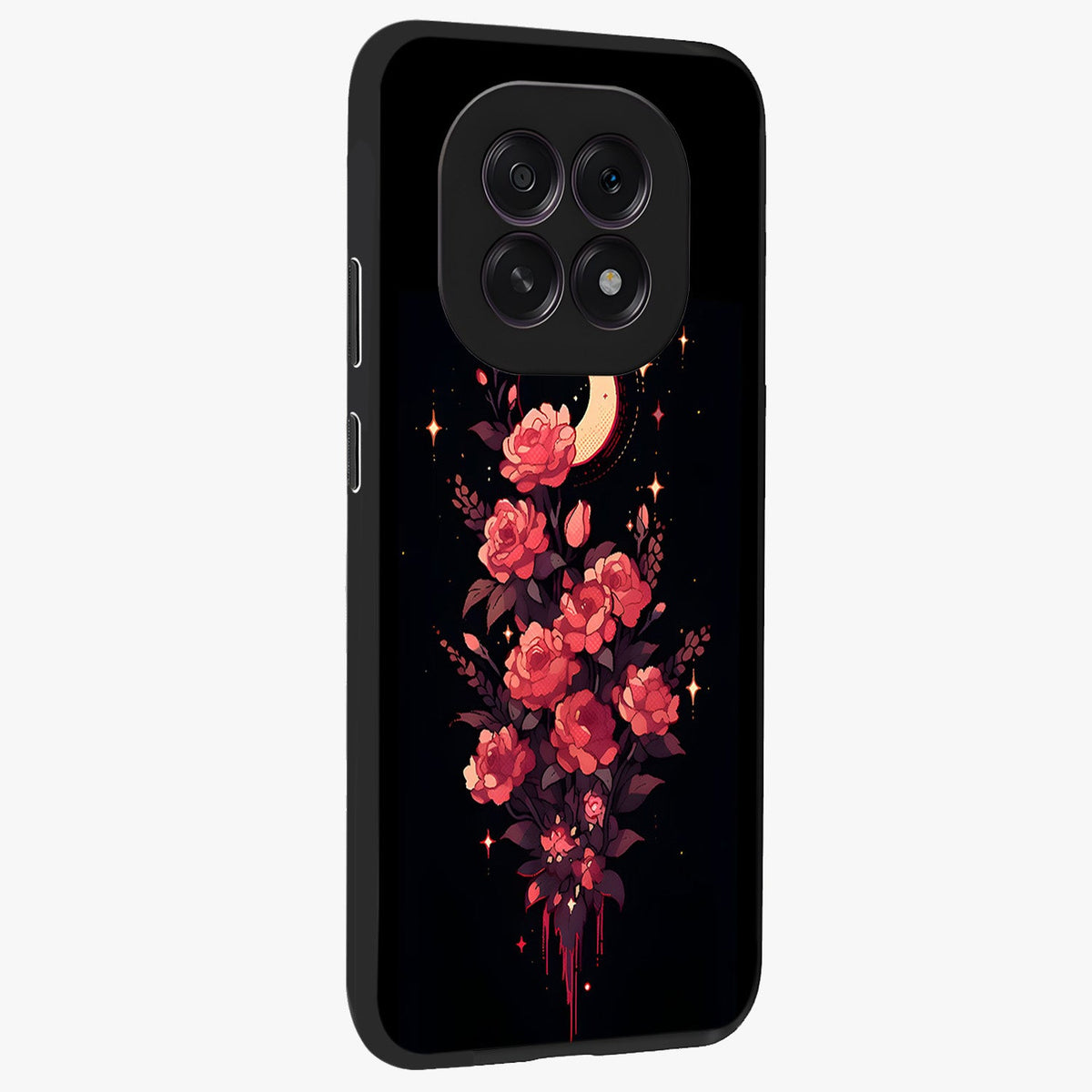 Moonlit Floral Elegance Glass Case upright view showcasing delicate floral artwork with refined night inspired theme.
