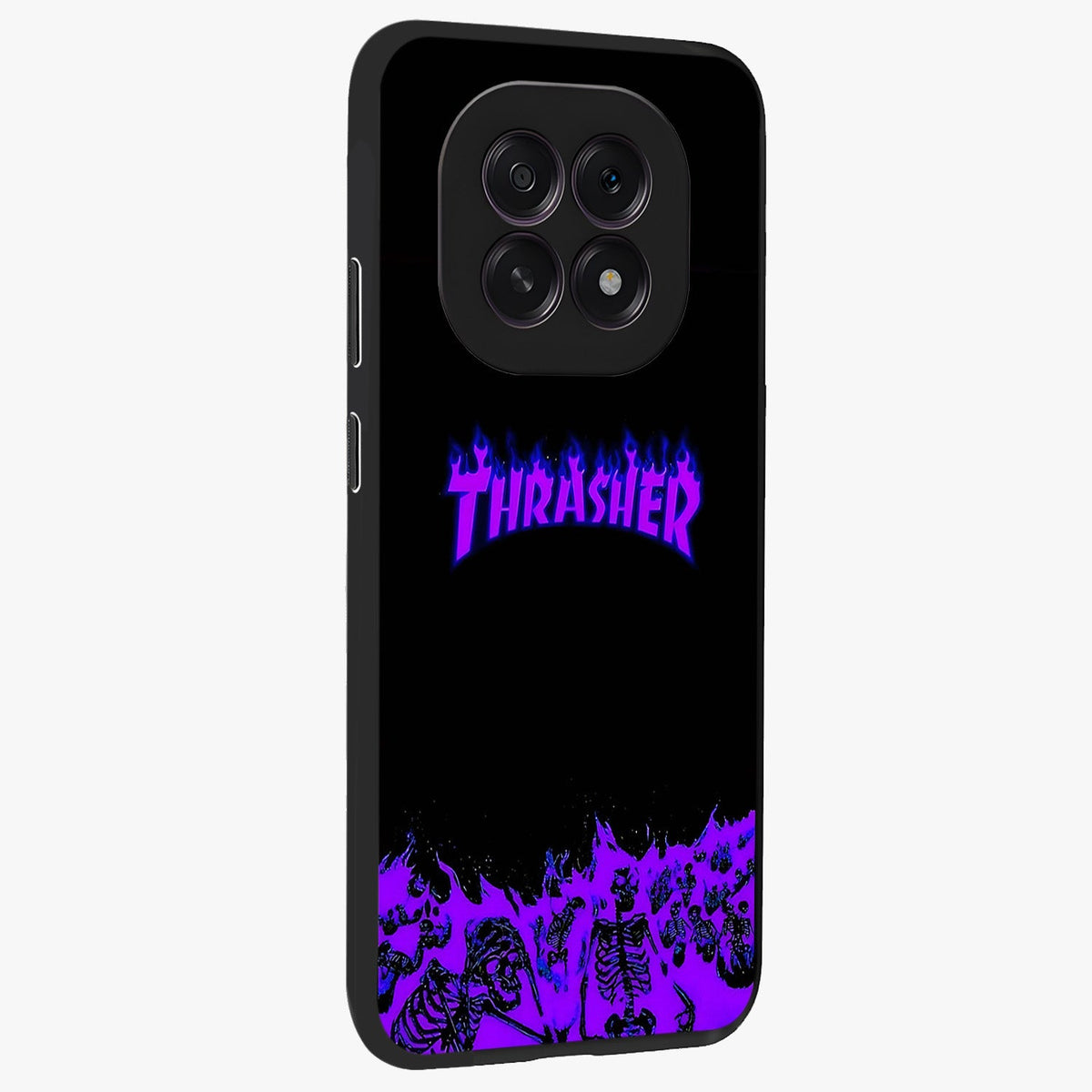 Neon Flame Riot Glass Case upright view showcasing dynamic flame artwork with energetic neon theme.