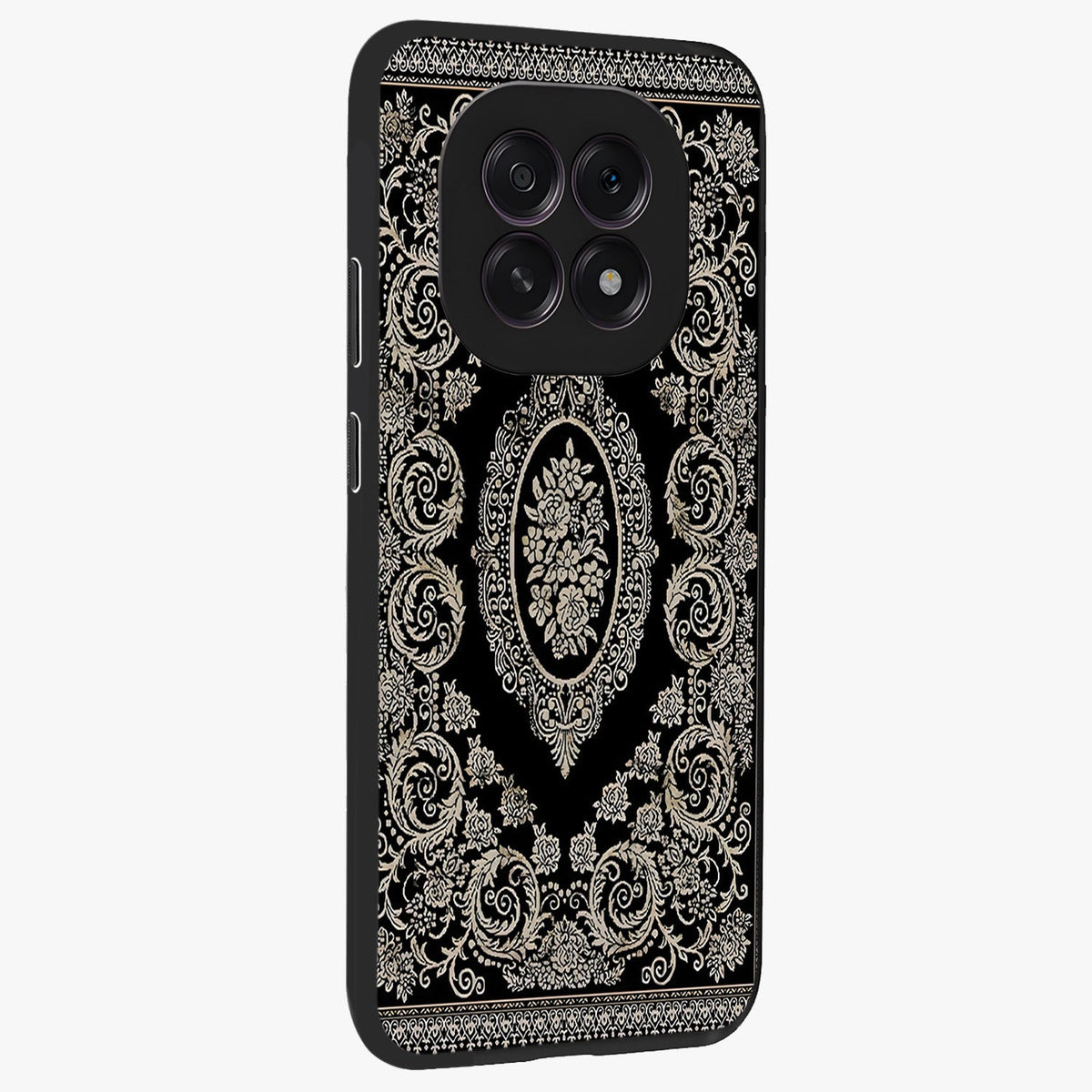 Noir Bloom Elegance Glass Case upright view showcasing graceful floral artwork with luxurious dark theme.
