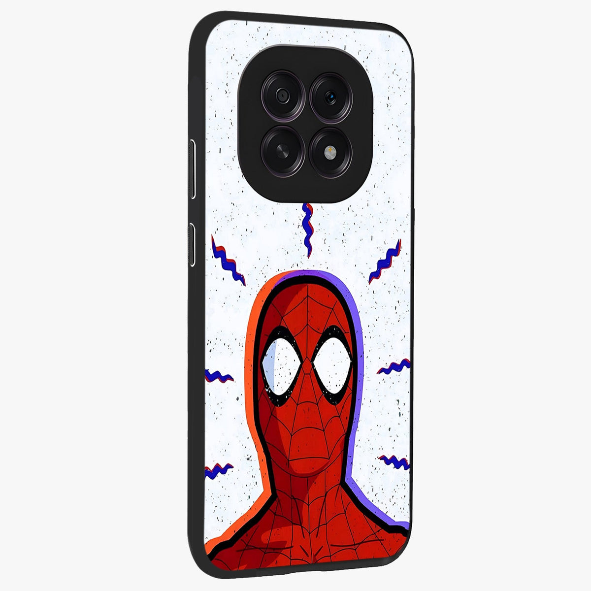 Omg Spiderman Glass Case upright view showcasing energetic superhero artwork with vibrant comic theme.