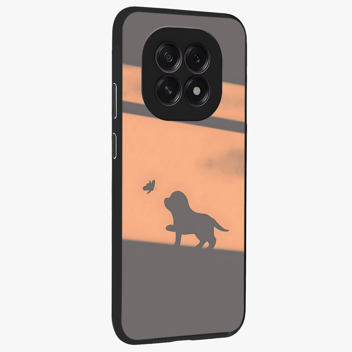 Puppy Shadow Art Glass Case upright view showcasing charming puppy artwork with creative silhouette theme.