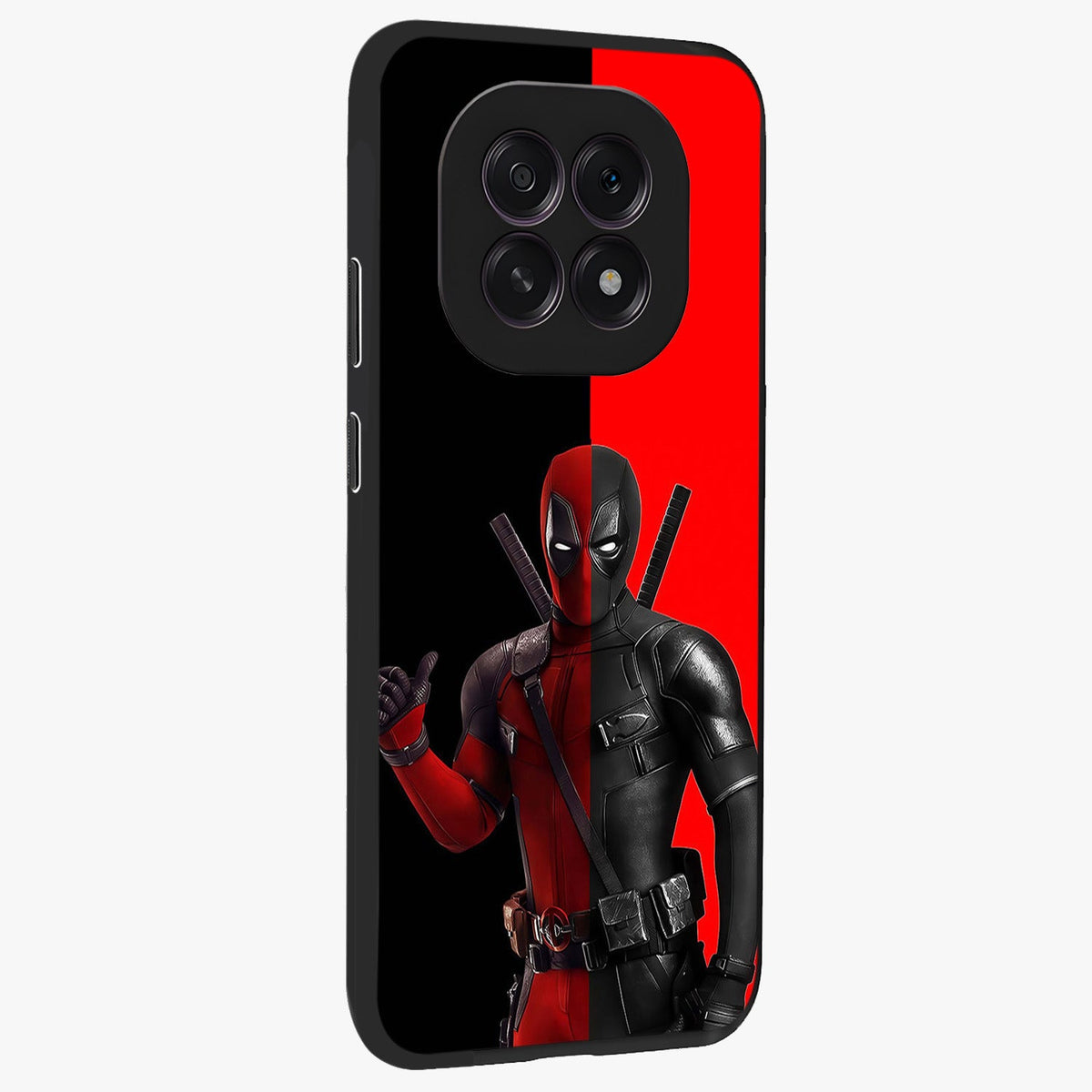 Red & Black Deadpool Theme Glass Case upright view showcasing energetic comic themed artwork with striking red and black design.