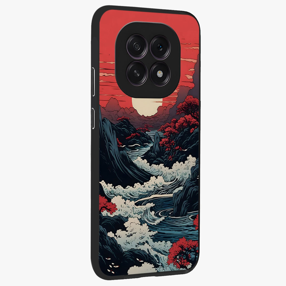 Red Sunset Scenery Glass Case upright view showcasing dramatic sunset scenery artwork with warm nature theme.