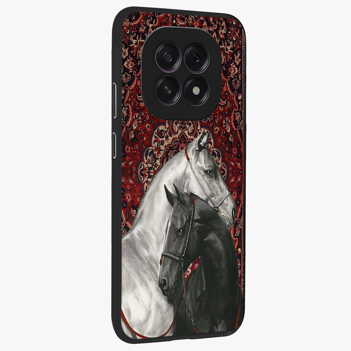 Regal Stallion Tapestry Glass Case upright view showcasing powerful horse artwork with elegant tapestry theme.