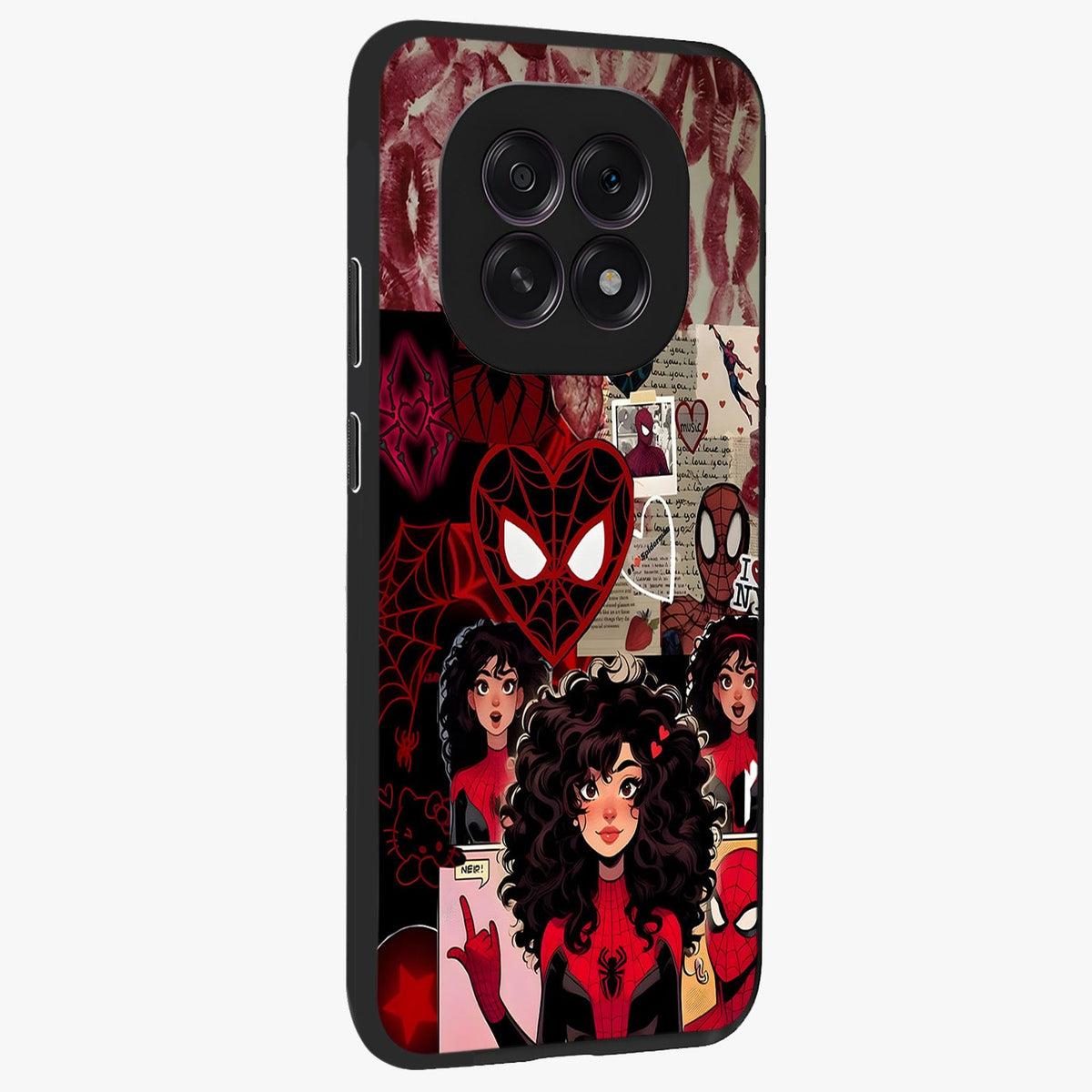 Spider Love Story Glass Case upright view showcasing charming superhero artwork with romantic comic theme.