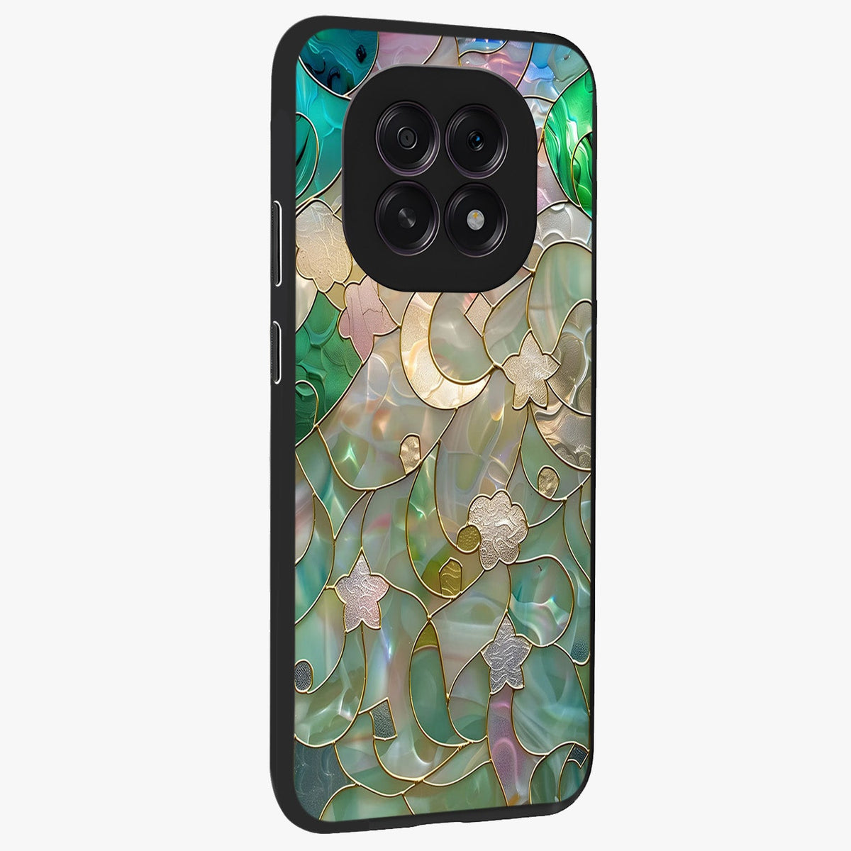 Stained Sunrise Glow Glass Case upright view showcasing colorful sunrise artwork with warm morning theme.