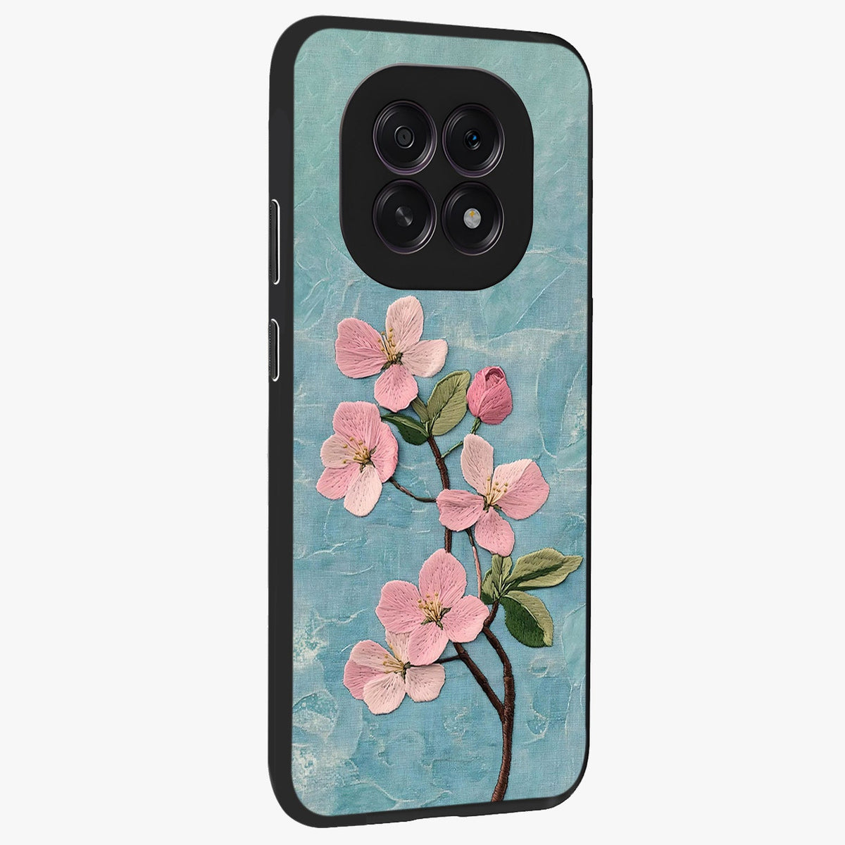 Threaded Blossom Breeze Glass Case upright view showcasing graceful flower artwork with calm botanical theme.