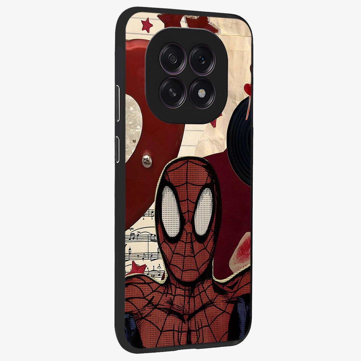 Web Warrior Vibes Glass Case upright view showcasing energetic superhero artwork with bold action theme.