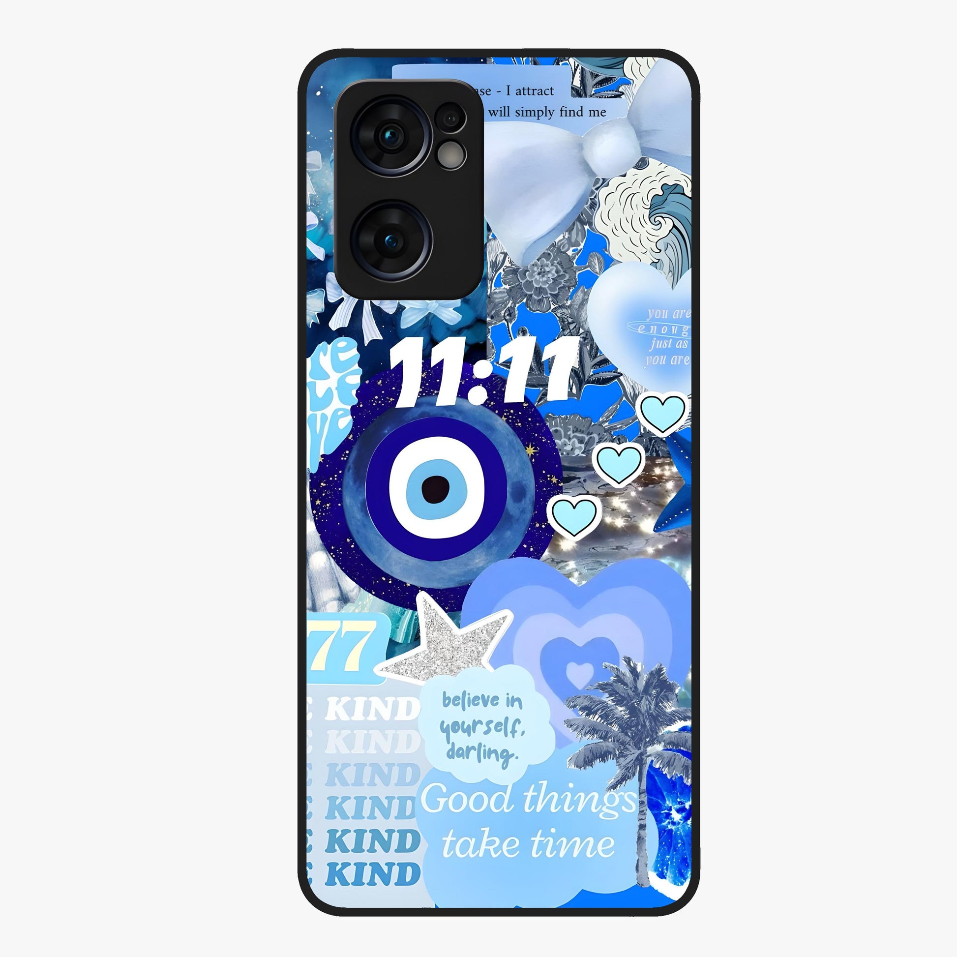 Aesthetic Be Kind Eye Glass Case showing flat back view with motivational eye artwork and glossy glass finish.
