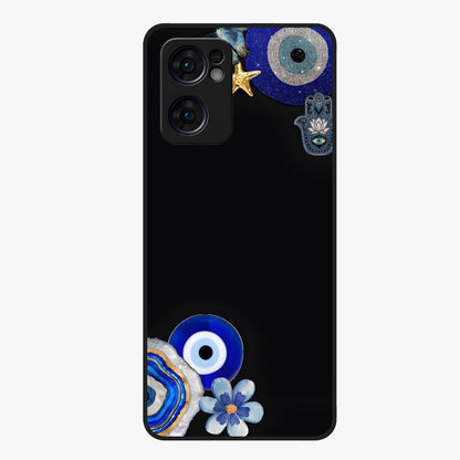 Aesthetic Blue Evil Eye Glass Case showing flat back view with protective evil eye artwork and glossy glass finish.
