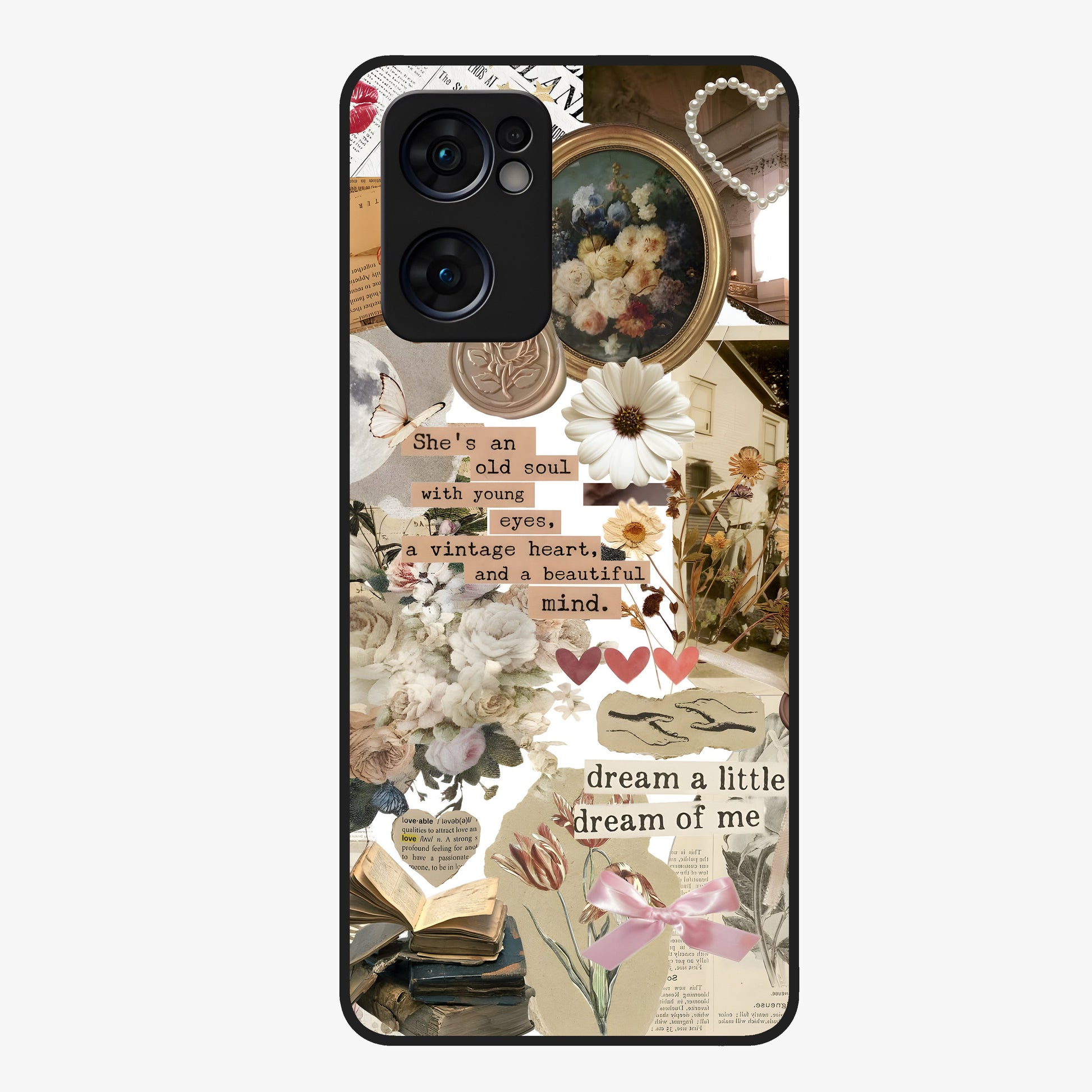 Aesthetic Brown Vintage Collage Glass Case showing flat back view with retro collage artwork and glossy glass finish.