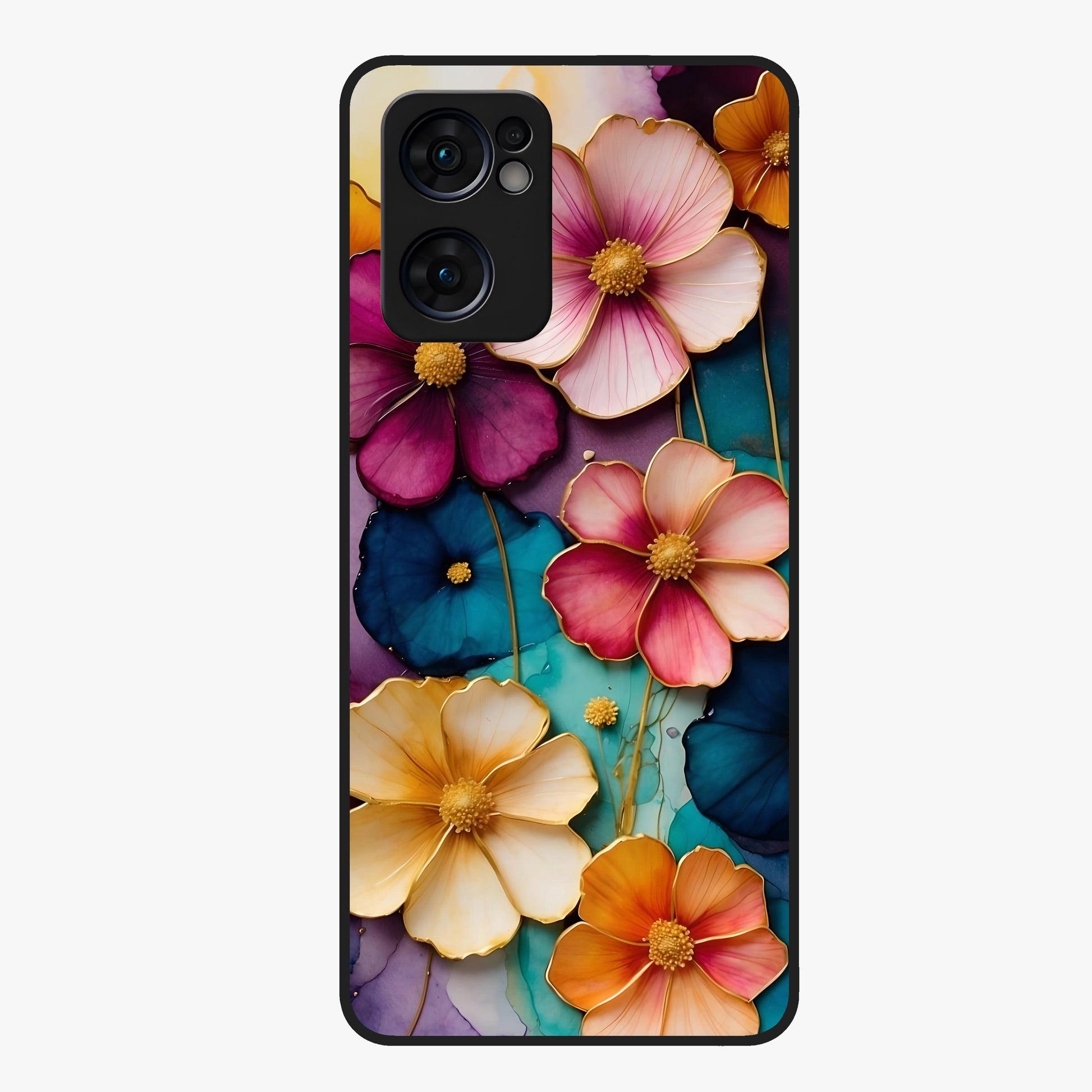 Artlyn Grace Flower Pattern Glass Case showing flat back view with elegant floral pattern artwork and glossy glass finish.