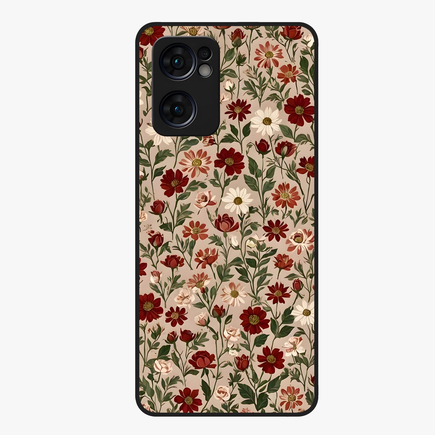 Biege Flower With Leaf Glass Case showing flat back view with soft beige floral artwork and glossy glass finish.