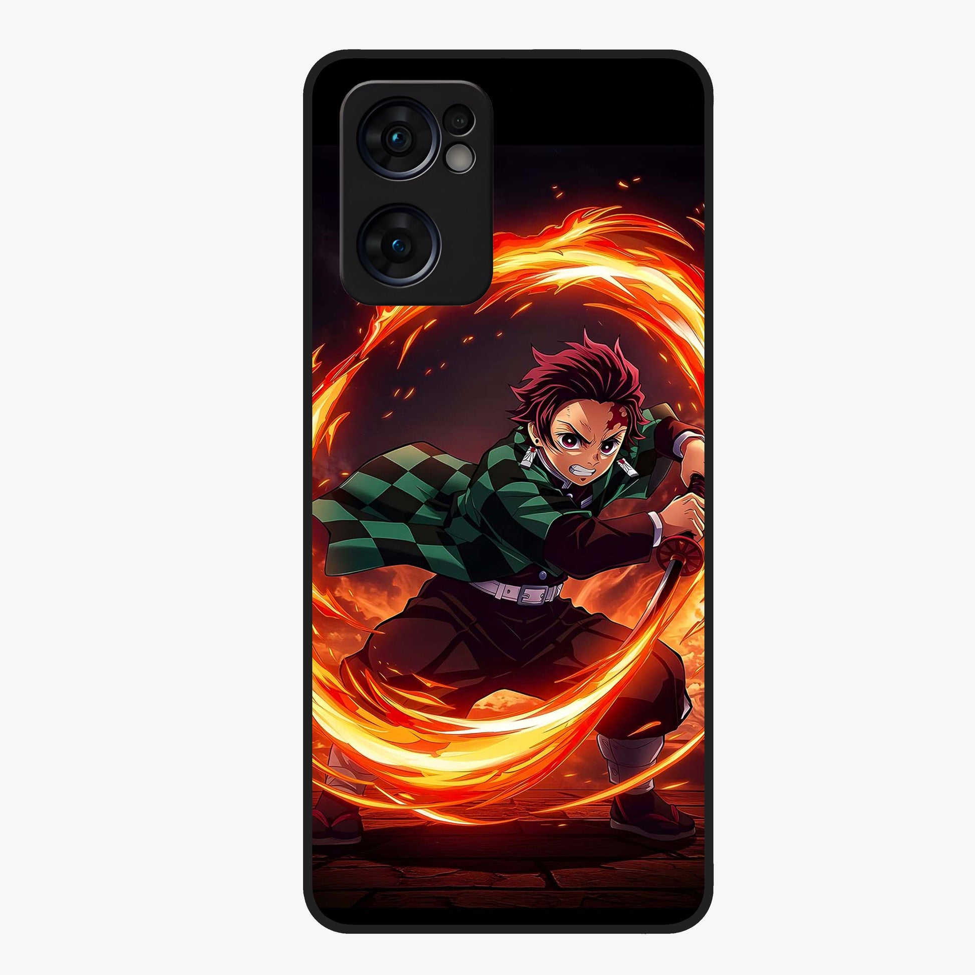 Blazing Sword Resolve Glass Case showing flat back view with fiery sword artwork and glossy glass finish.