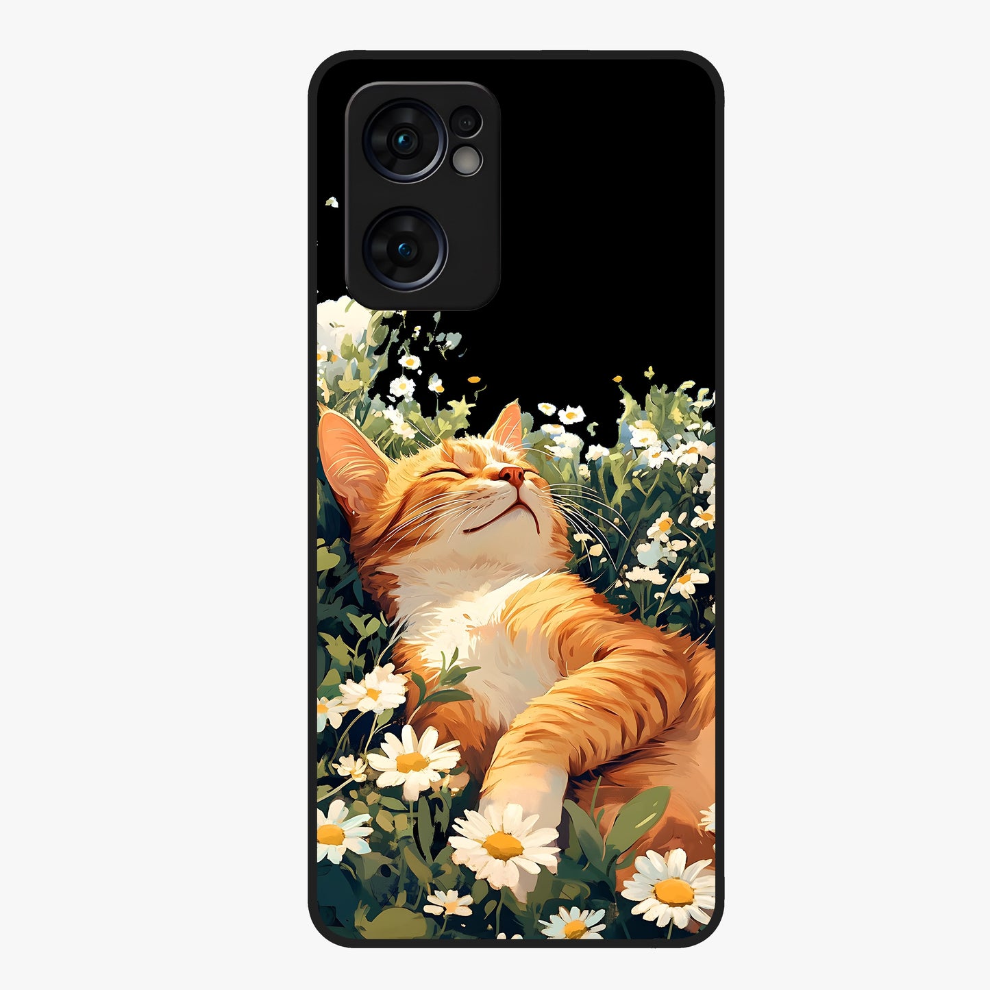 Blissful Bloom Cat Glass Case showing flat back view with cute cat and floral bloom artwork and glossy glass finish.