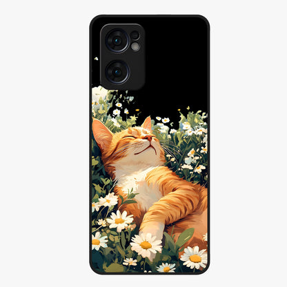 Blissful Bloom Cat Glass Case showing flat back view with cute cat and floral bloom artwork and glossy glass finish.