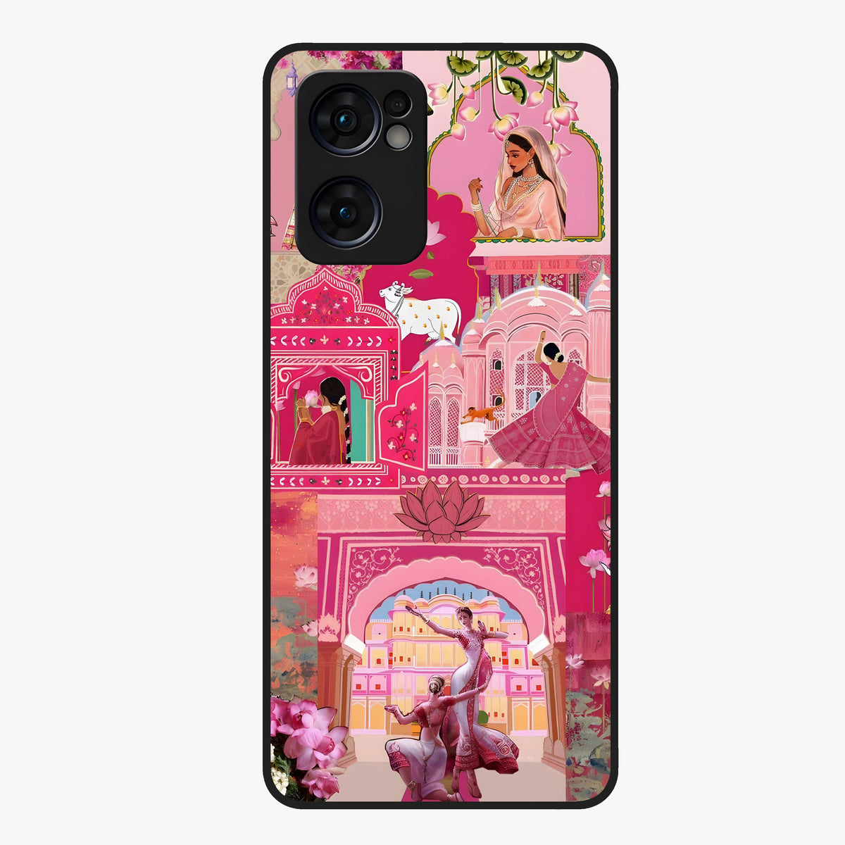 Blossoms of Rajasthan Glass Case showing flat back view with traditional floral artwork inspired by Rajasthan and glossy glass finish.