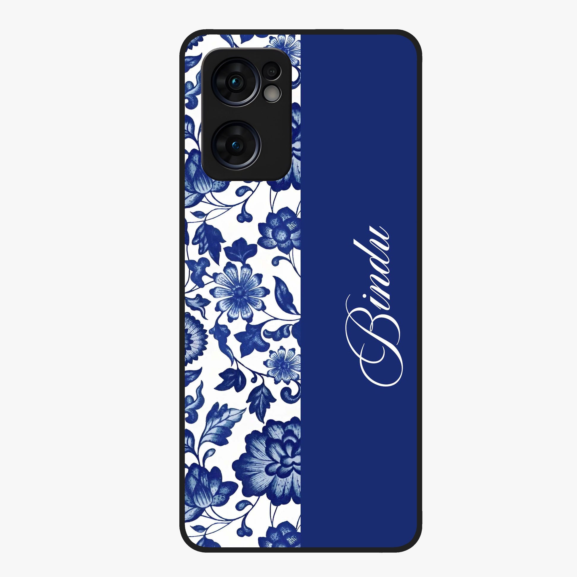 Blue Vintage Floral Pattern Glass Case upright view showcasing timeless floral illustration with vintage inspired style.