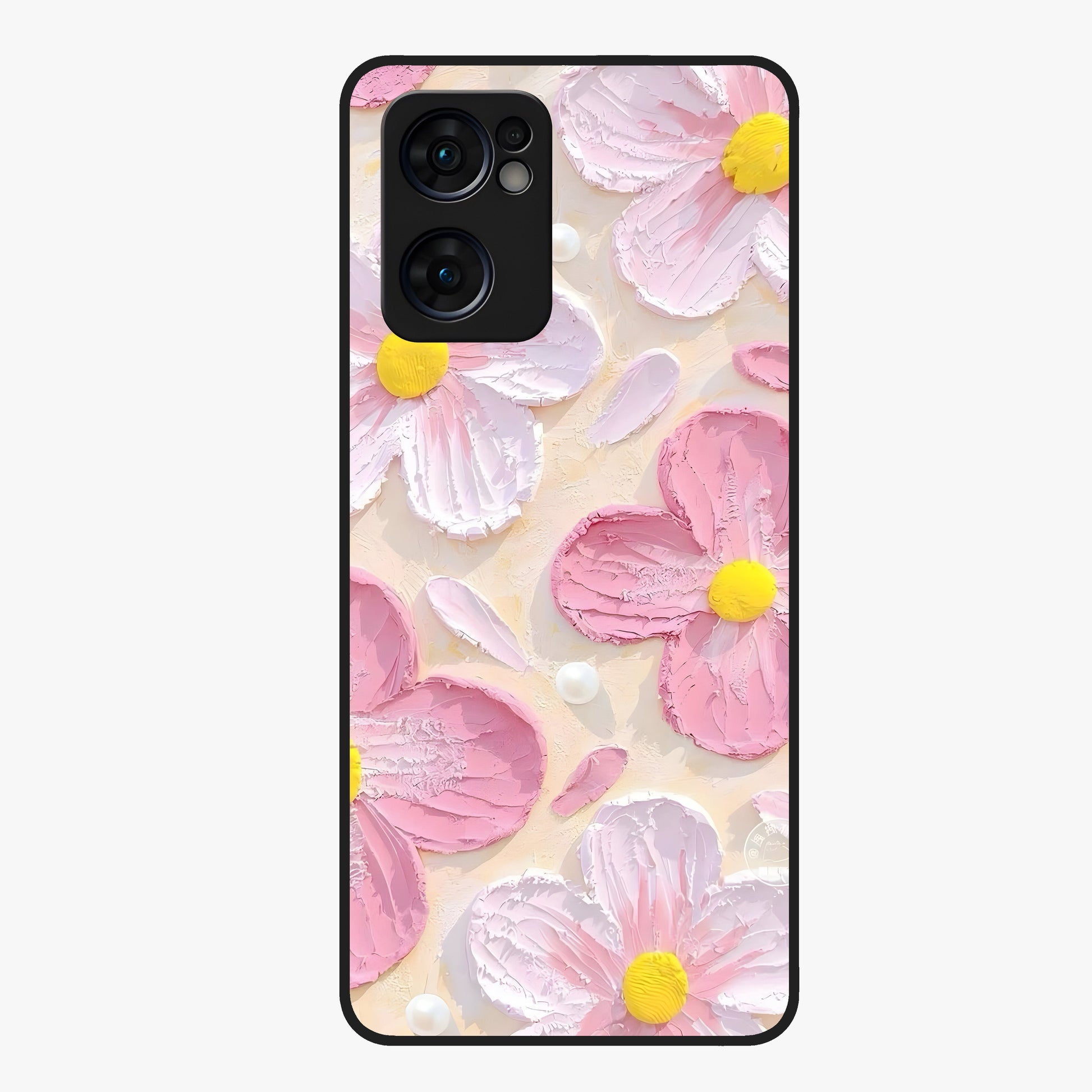 Blush Bloom Texture Glass Case showing flat back view with soft blush floral texture artwork and glossy glass finish.