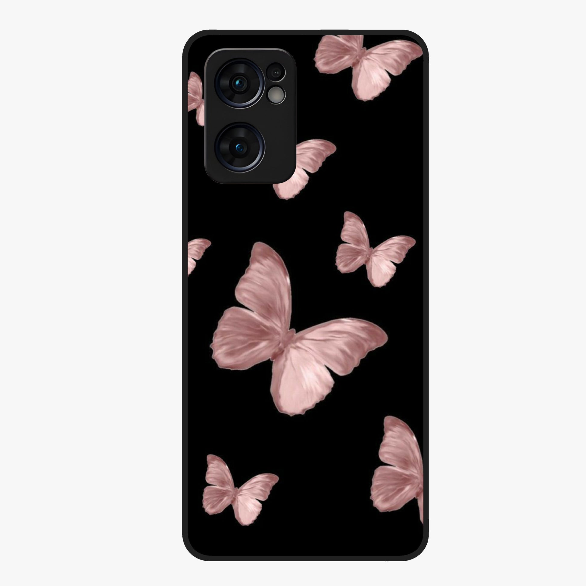 Butterfly Pattern Glass Case showing flat back view with elegant butterfly pattern artwork and glossy glass finish.