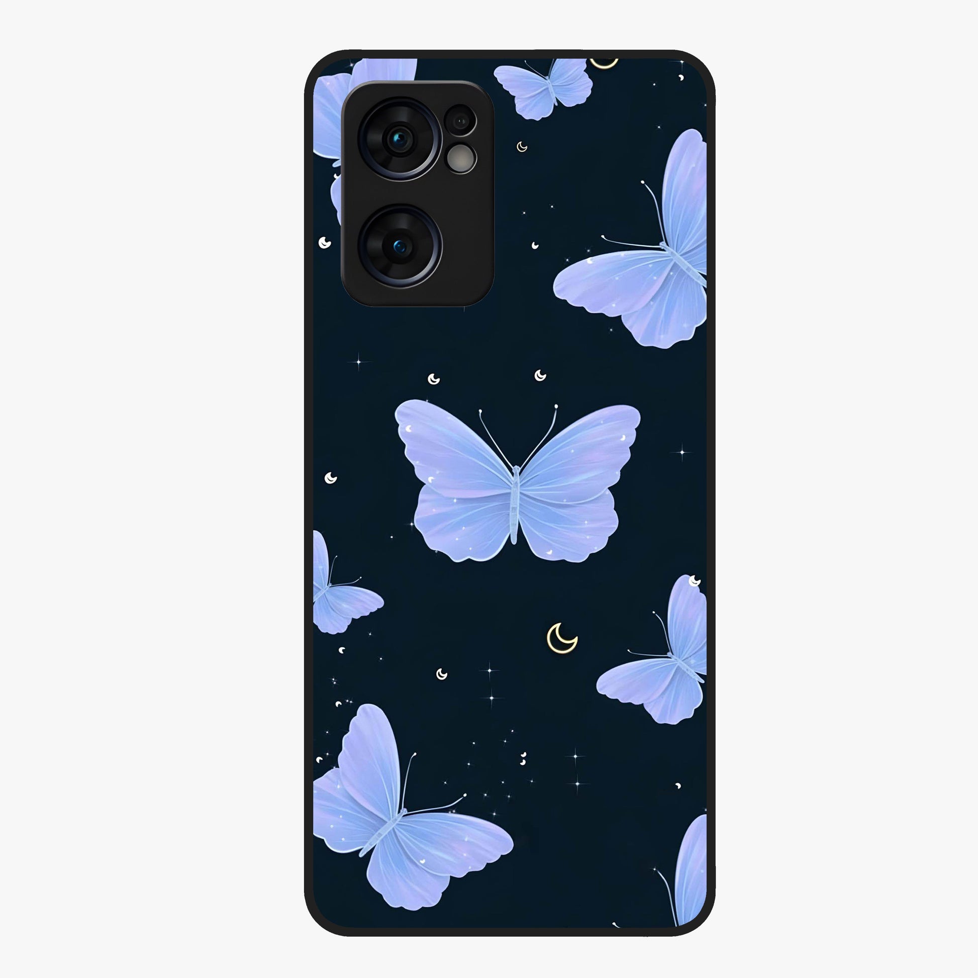 Butterfly With Stars Pattern Glass Case showing flat back view with butterfly and star pattern artwork and glossy glass finish.