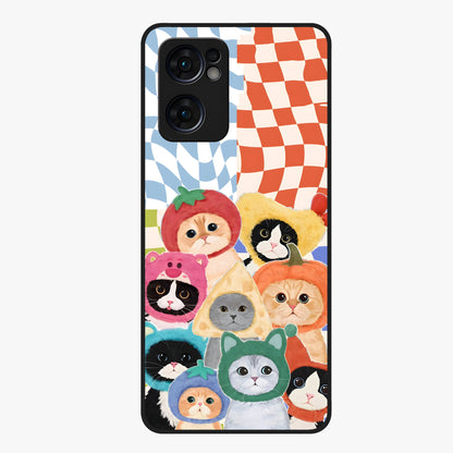 Cats in Fruits Glass Case showing flat back view with playful cat illustrations inside fruit artwork and glossy glass finish.