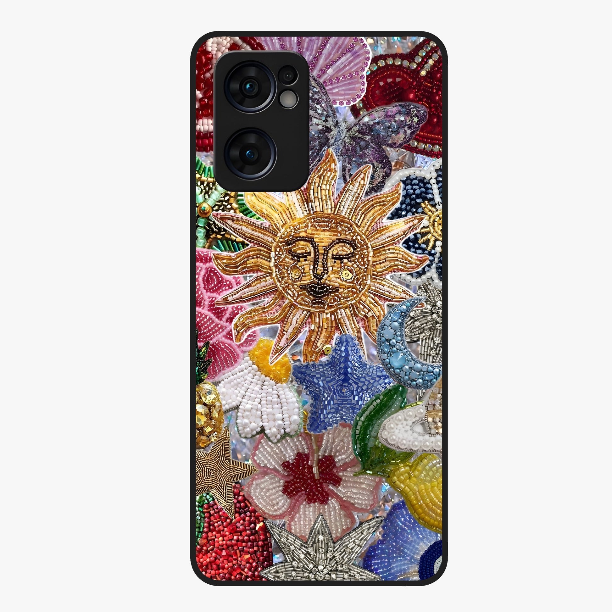 Celestial Floral and Playful Glass Case showing flat back view with floral and celestial themed artwork and glossy glass finish.