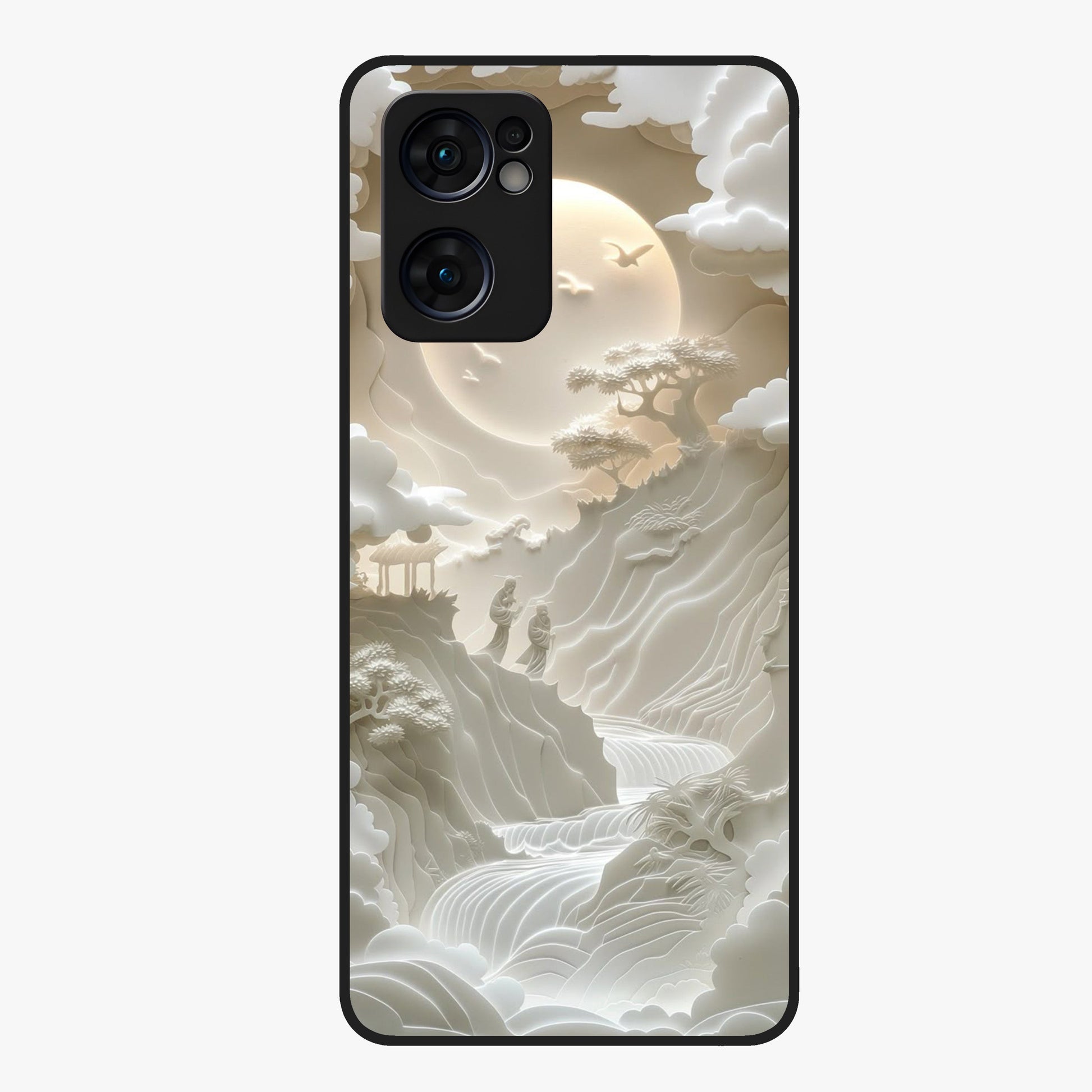 Celestial Origami Glass Case showing flat back view with artistic origami inspired celestial artwork and glossy glass finish.
