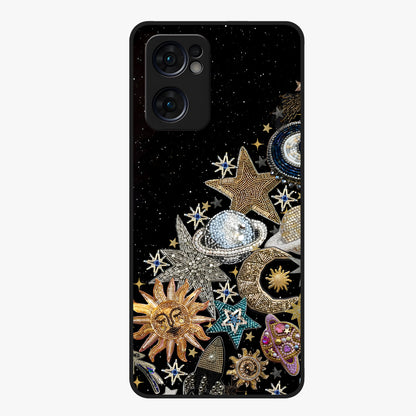 Cosmic Sparkle Dreams Glass Case showing flat back view with sparkling cosmic artwork and glossy glass finish.