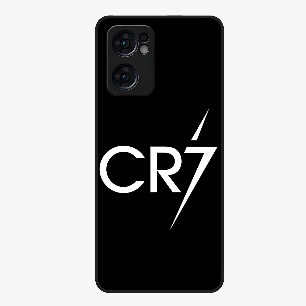 Cr7 Elite Strike Glass Case showing flat back view with dynamic football inspired artwork and glossy glass finish.