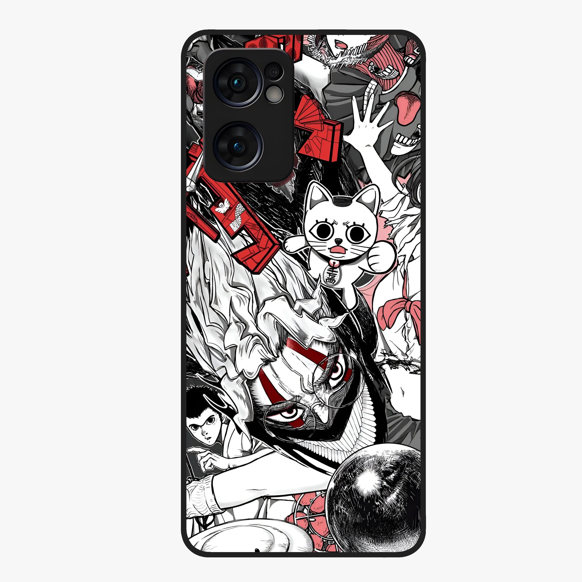 Crimson Chaos Panel Glass Case showing flat back view with bold crimson abstract artwork and glossy glass finish.