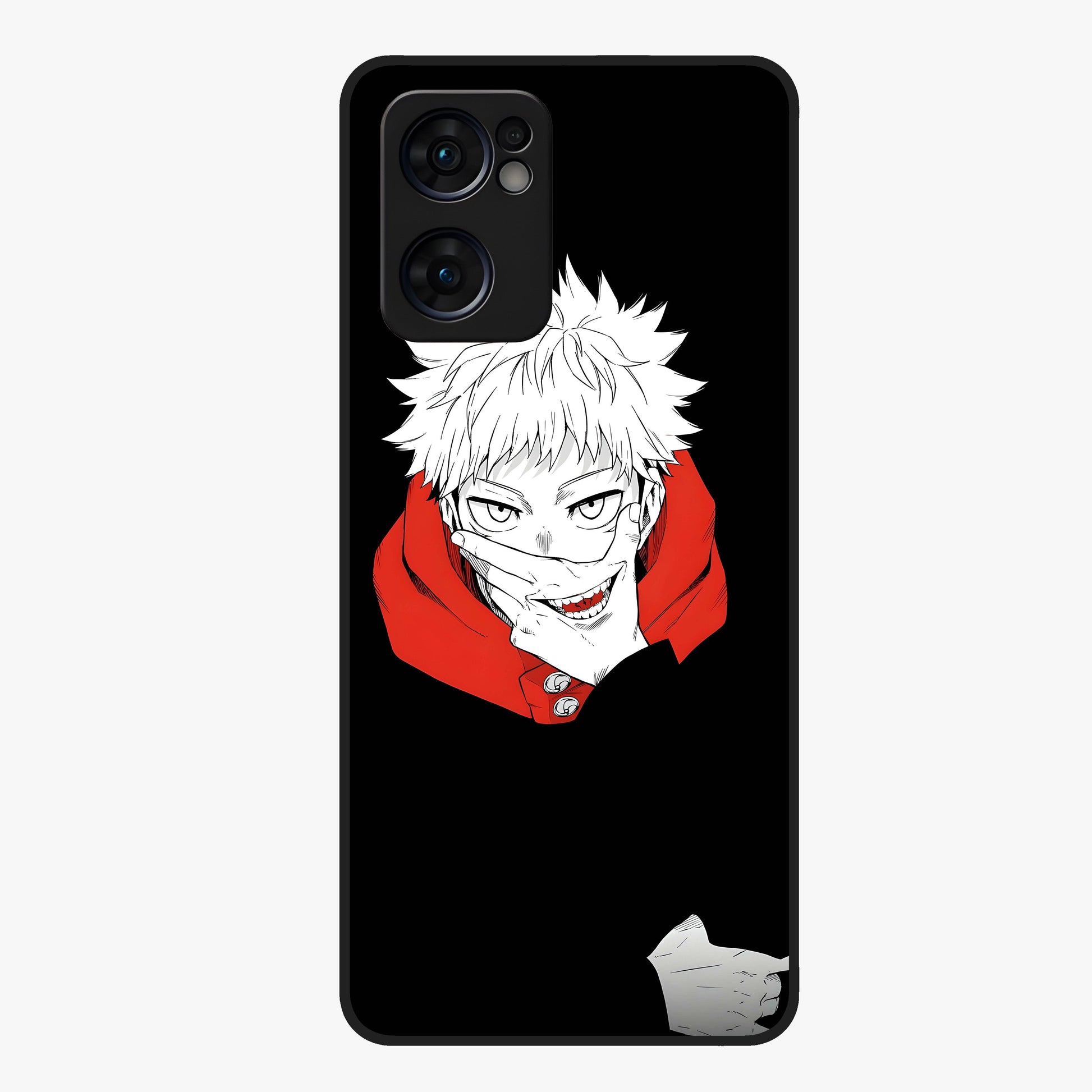 Crimson Chaos Smile Glass Case showing flat back view with bold chaotic smile artwork and glossy glass finish.