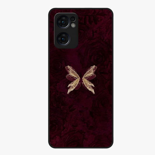 Crimson Fade Butterfly Glass Case showing flat back view with fading butterfly artwork and glossy glass finish.