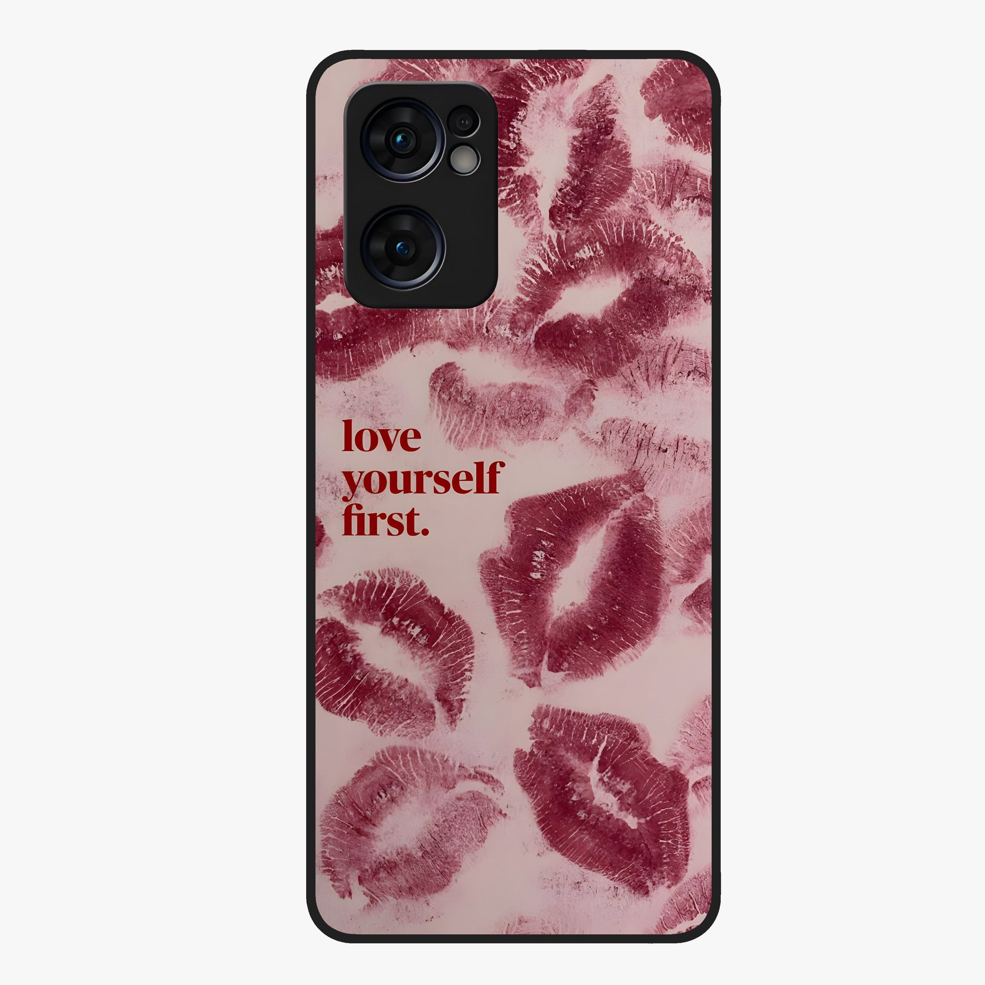 Crimson Kiss Love Glass Case showing flat back view with romantic crimson themed artwork and glossy glass finish.