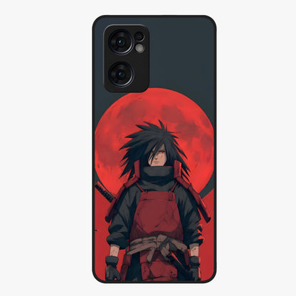 Crimson Moon Warlord Glass Case showing flat back view with mystical moon warrior artwork and glossy glass finish.