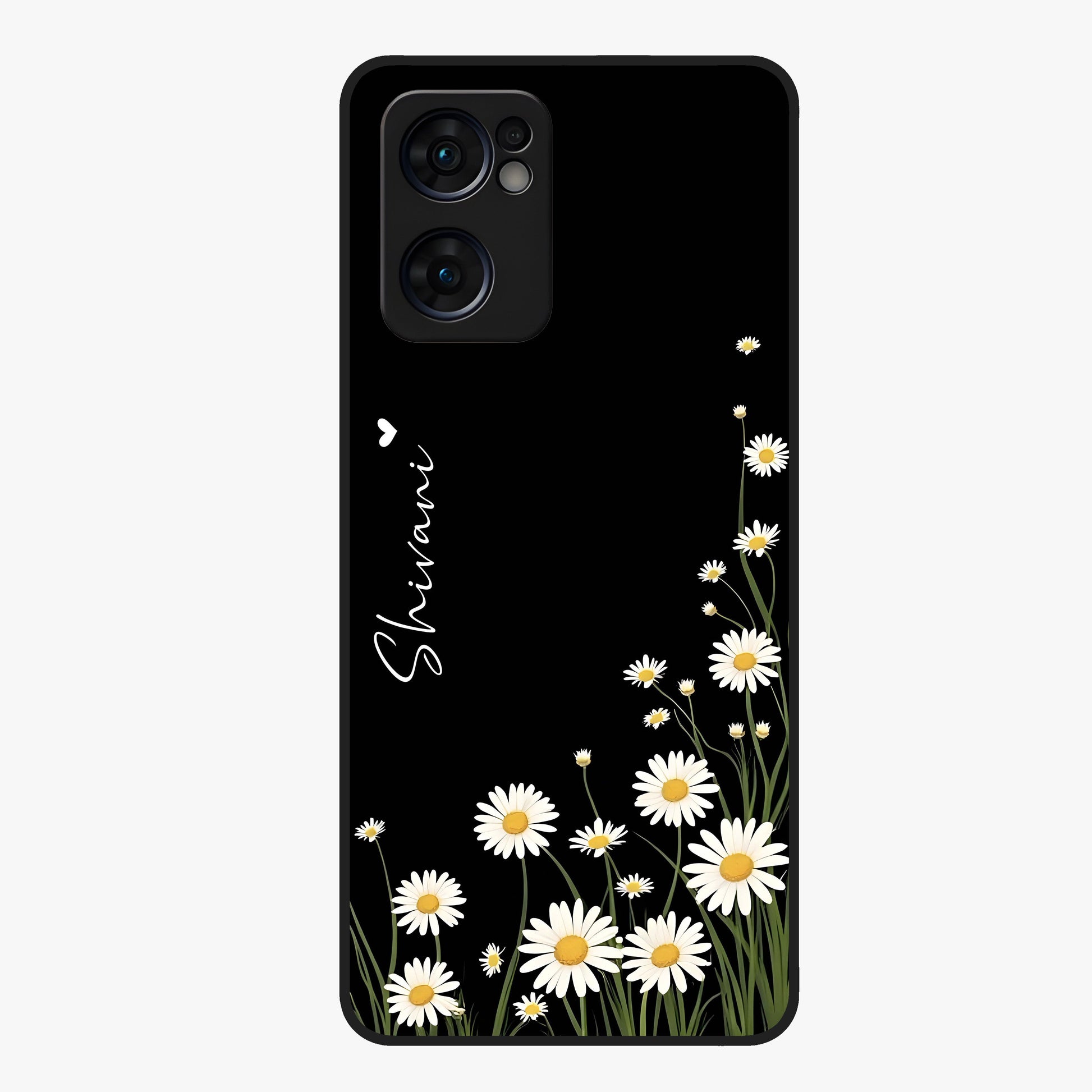 Daisy Cascade Custom Name Glass Case showing flat back view with cascading daisy flowers and personalized name design.