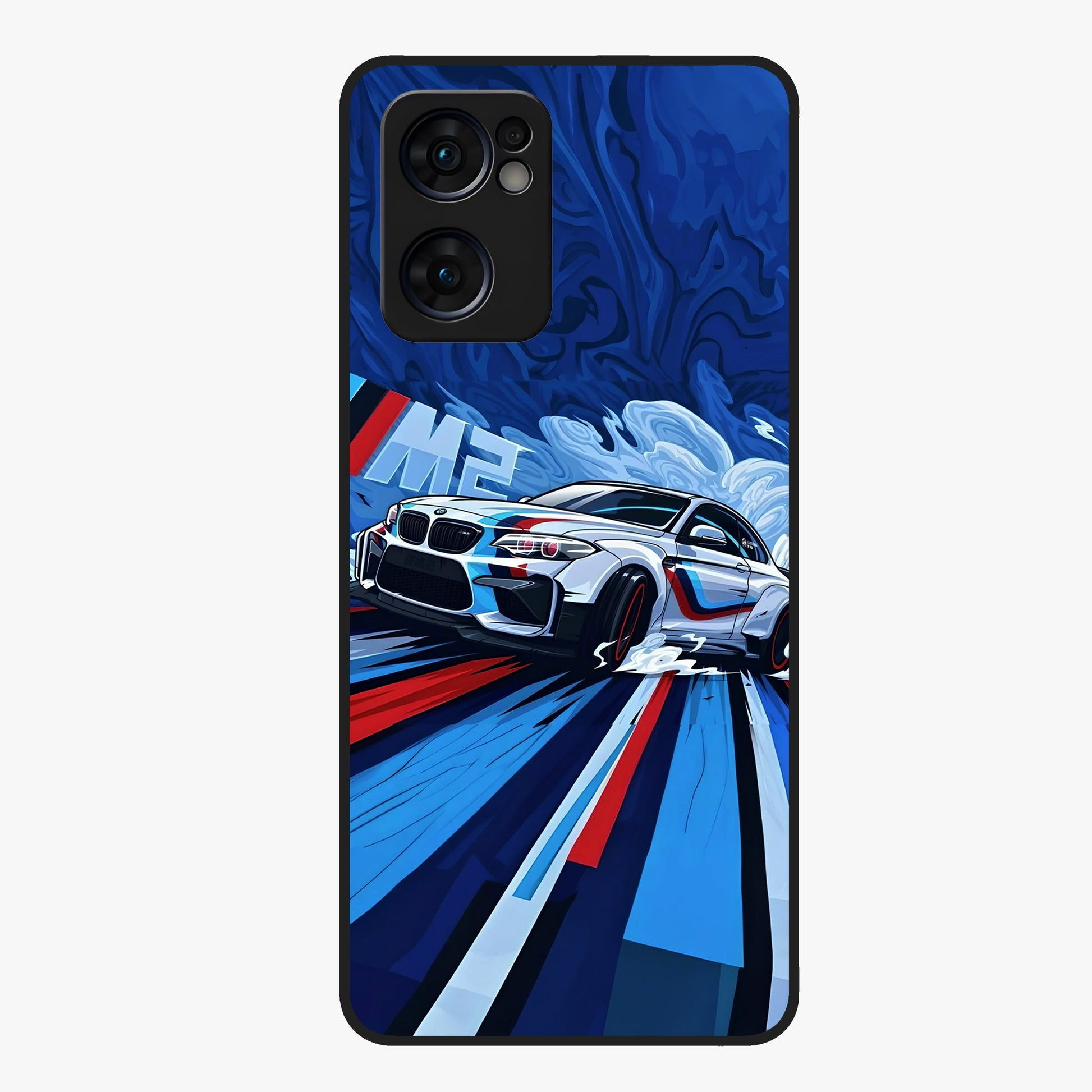 Drift Power Rush Glass Case showing flat back view with dynamic racing inspired artwork and glossy glass finish.