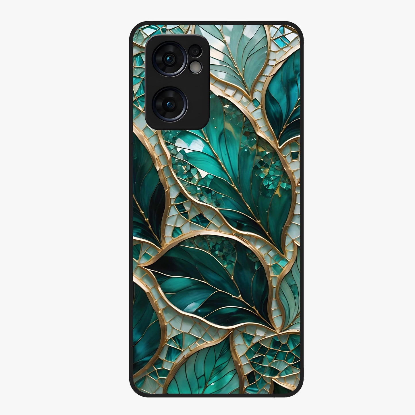 Emerald Leaf Glass Glass Case showing flat back view with emerald green leaf artwork and glossy glass finish.